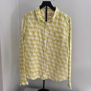 John Lewis Linen Shirt Womens 18 Yellow Leaf Print Button Front Long Sleeve Top